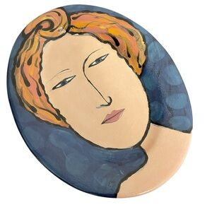 Everyware Ceramic Hand Painted Portrait Oval Platter Blue Orange Whimsical Art